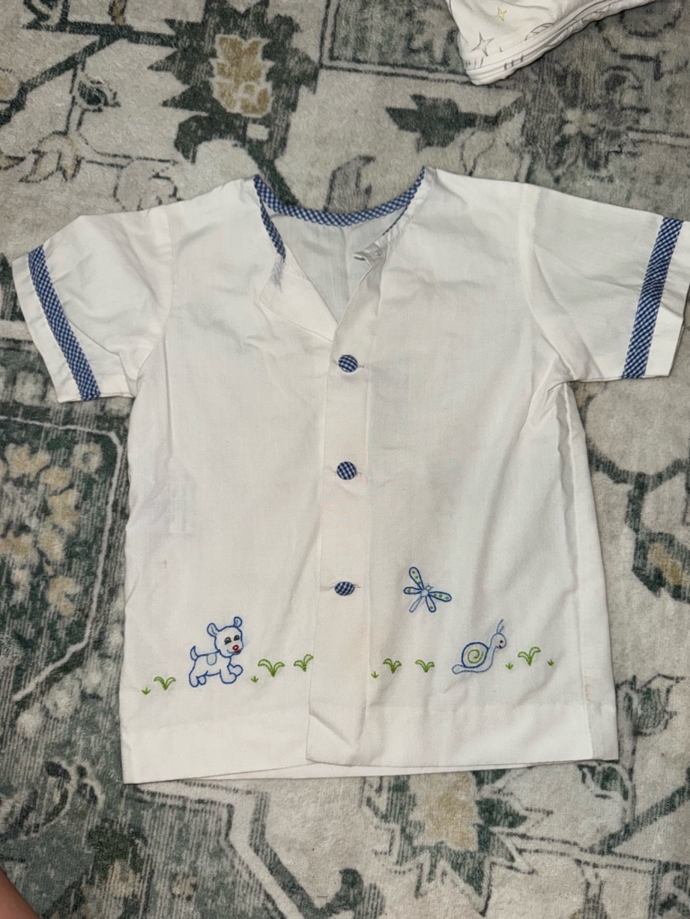 Vintage Lullaby set White & Blue hand Embroidered Baby Shirt